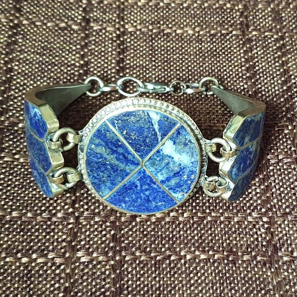 7'' Rare  Bold Vintage Afghan Lapis Lazuli Inlay Silver Tone Bracelet - Picture 1 of 11